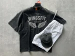 طقم رجالي صيفي تيشيرت WINGSFIT أوفر سايز أسود مع شورت أبيض